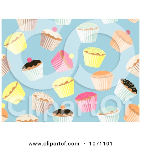 Clipart Seamless Cupcake Pattern On Blue Background - Royalty Free Vector Illustration by elaineitalia
