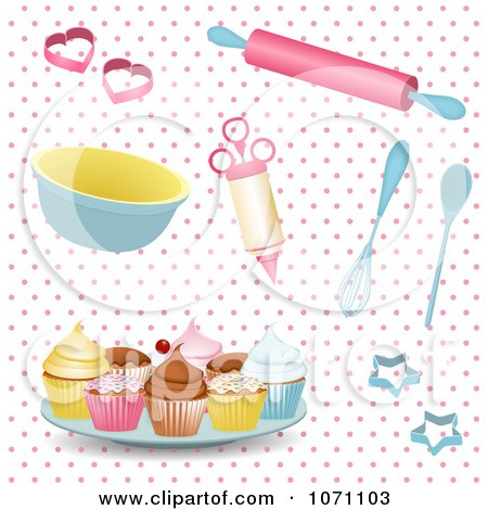 Clipart 3d Baking Utensils And Cupcakes On Pink Polka Dots - Royalty Free Vector Illustration by elaineitalia
