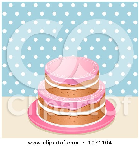 Clipart 3d Cake With Pink Icing Against Blue And White Polka Dots - Royalty Free Vector Illustration by elaineitalia