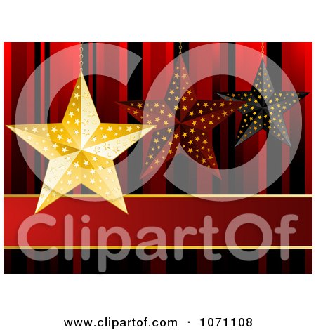 Clipart 3d Gold Red And Black Christmas Star Ornaments Over Red - Royalty Free Vector Illustration by elaineitalia
