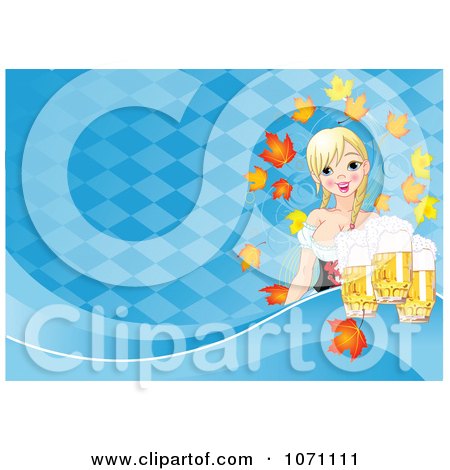 Clipart Oktoberfest Beer Maiden With Pints And Autumn Leaves Over Blue Diamonds - Royalty Free Vector Illustration by Pushkin