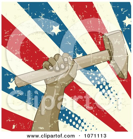 Clipart Grungy Liberty Hand Holding A Hammer Over Stars And Stripes - Royalty Free Vector Illustration by Pushkin
