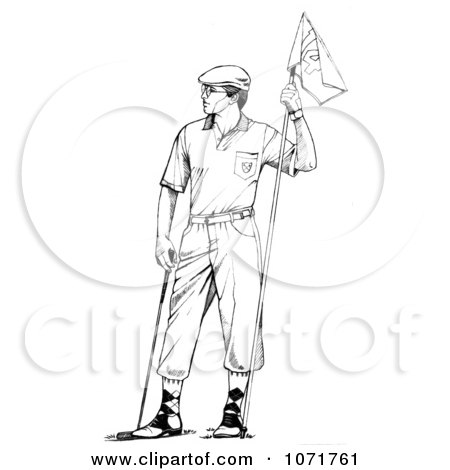 Clipart Black And White Sketched Retro Male Golfer Holding A Flag - Royalty Free Illustration by LoopyLand