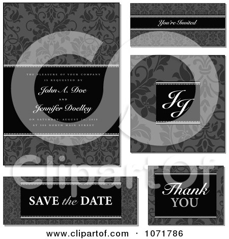 Clipart Grayscale Damask Floral Invitation And Design Elements With Sample Text - Royalty Free Vector Illustration by BestVector