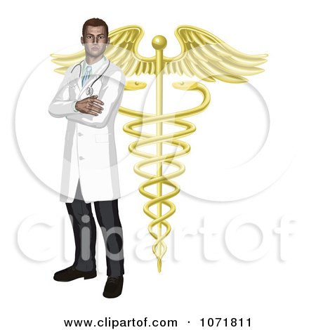 Clipart Male Doctor With A Golden Caduceus Symbol - Royalty Free Vector Illustration by AtStockIllustration