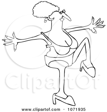 Clipart Outlined Senior Woman Doing A High Step In Heels And A Bikini - Royalty Free Vector Illustration by djart