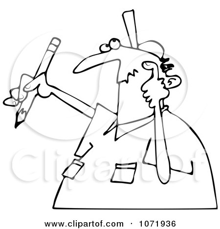 Clipart Outlined Author Man With Writers Block Scratching His Head And Holding A Pencil - Royalty Free Vector Illustration by djart