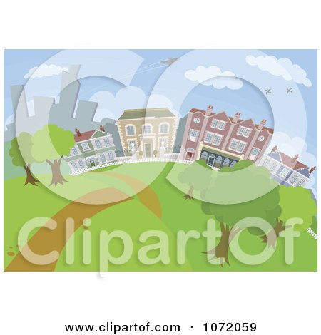 Clipart Path Leading Through A City Park With Buildings In The Background - Royalty Free Vector Illustration by AtStockIllustration