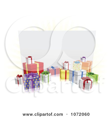 Clipart 3d Gift Boxes Around A White Billboard - Royalty Free Vector Illustration by AtStockIllustration