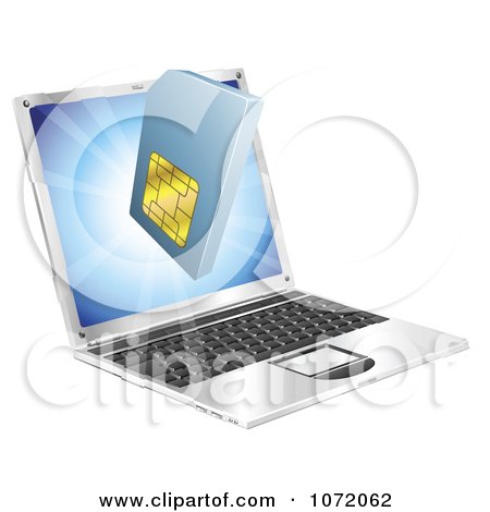 Clipart 3d Cell Phone SIM Card Emerging From A Laptop - Royalty Free Vector Illustration by AtStockIllustration