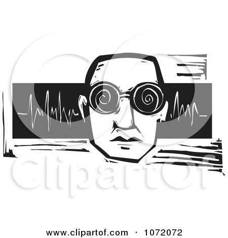 Clipart Black And White Woodcut Of A Man With Spiral Glasses And Sound Waves - Royalty Free Vector Illustration by xunantunich