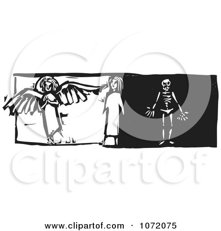 Clipart Black And White Woodcut Of A Woman With Good And Bad Sides - Royalty Free Vector Illustration by xunantunich