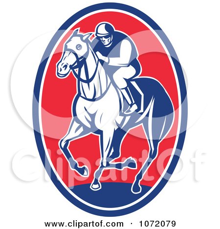 Clipart Blue And Red Jockey On Horseback Oval - Royalty Free Vector Illustration by patrimonio