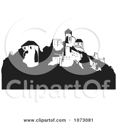Clipart Black And White Hillside Castle - Royalty Free Vector Illustration by dero