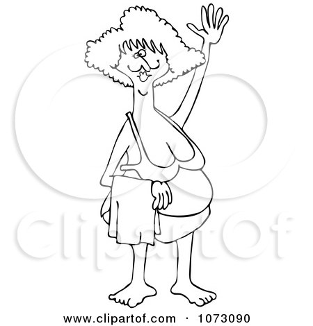 Clipart Outlined Middle Aged Woman Waving In A Bikini - Royalty Free Vector Illustration by djart