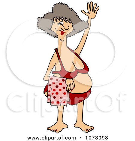 Clipart Middle Aged Woman Waving In A Red Bikini - Royalty Free Vector Illustration by djart