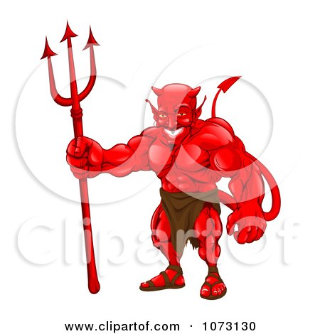 Clipart Strong Red Devil Standing With A Pitchfork - Royalty Free Vector Illustration by AtStockIllustration