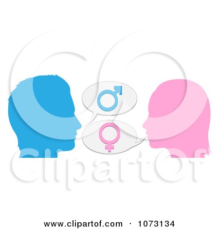 Clipart Silhouetted Man And Woman With Gender Balloons - Royalty Free Vector Illustration by AtStockIllustration
