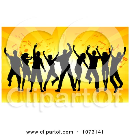 Clipart Silhouetted Dancers Against Orange Rays And Music Notes - Royalty Free Vector Illustration by KJ Pargeter
