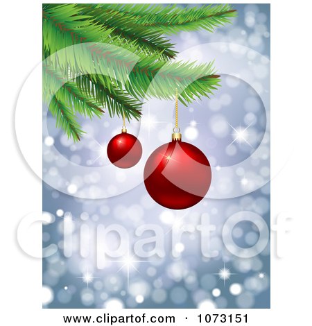 Clipart 3d Red Baubles On Christmas Tree Branches Over Bokeh Lights - Royalty Free Vector Illustration by KJ Pargeter