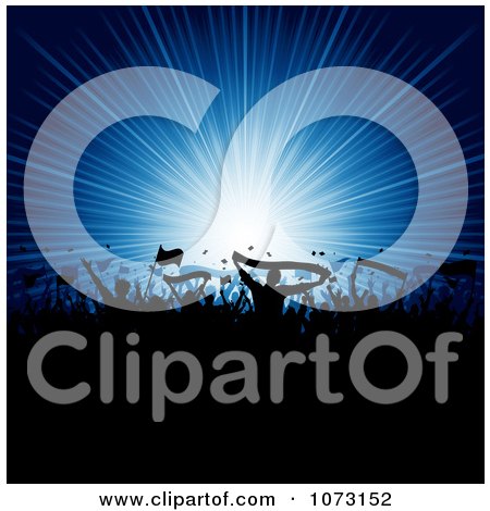 Clipart Silhouetted Audience With Flags And Banners Against A Blue Burst - Royalty Free Vector Illustration by KJ Pargeter