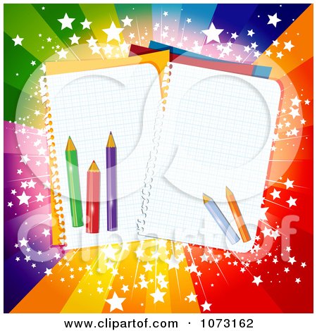 Clipart Back To School Pencils And Notebook Paper Over A Colorful Burst - Royalty Free Vector Illustration by MilsiArt