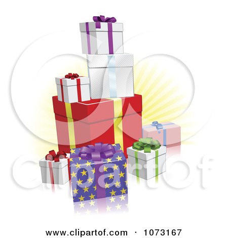 Clipart 3d Holiday Gift Boxes And A Yellow Burst - Royalty Free Vector Illustration by AtStockIllustration