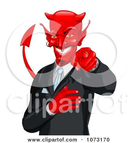 Clipart Grinning Businessman Devil Pointing Outwards - Royalty Free Vector Illustration by AtStockIllustration
