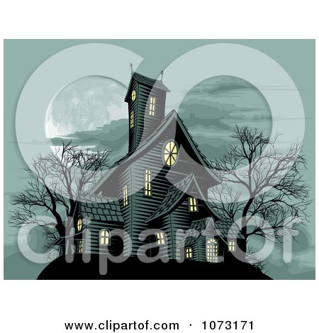 Clipart Spooky Haunted House In The Light Of A Full Moon - Royalty Free Vector Illustration by AtStockIllustration