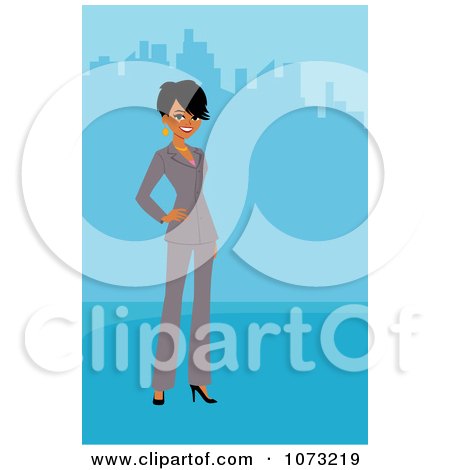 Clipart Black Businesswoman In A Gray Suit By A City - Royalty Free Vector Illustration by Monica