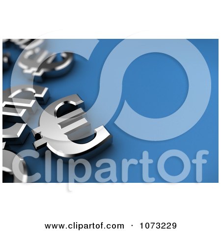 Clipart 3d Silver Euro Symbols On Blue - Royalty Free CGI Illustration by stockillustrations