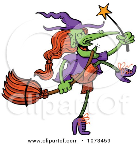 Clipart Wicked Halloween Witch Dancing With A Wand And Broom - Royalty Free Vector Illustration by Zooco