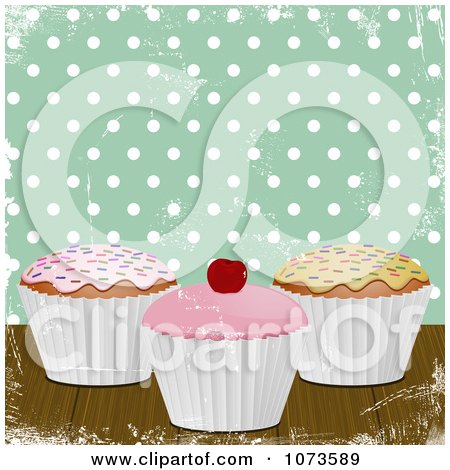 Clipart 3d Cupcakes Over Polka Dots And Grunge On Green - Royalty Free Vector Illustration by elaineitalia