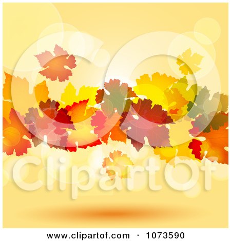 Clipart Colorful Autumn Leaves Floating Against Orange Flares - Royalty Free Vector Illustration by elaineitalia