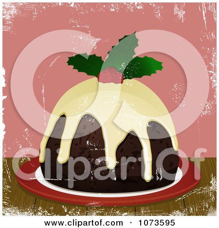 Clipart Christmas Pudding Topped With Brandy Cream Sauce And Holly Over Pink Grunge - Royalty Free Vector Illustration by elaineitalia