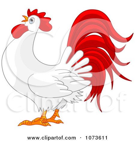 Clipart Red And White Rooster Crowing - Royalty Free Vector Illustration by Pushkin