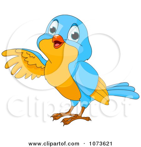 Clipart Cute Blue And Yellow Bird Pointing - Royalty Free Vector Illustration by Pushkin