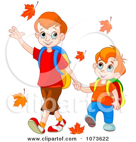 Clipart School Boy Brothers Holding Hands And Walking To School Through Autumn Leaves - Royalty Free Vector Illustration by Pushkin