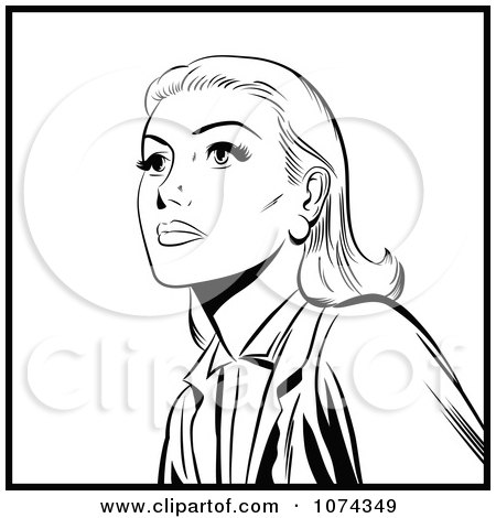 Clipart Black And White Retro Pop Art Woman Looking Up - Royalty Free Vector Illustration by brushingup