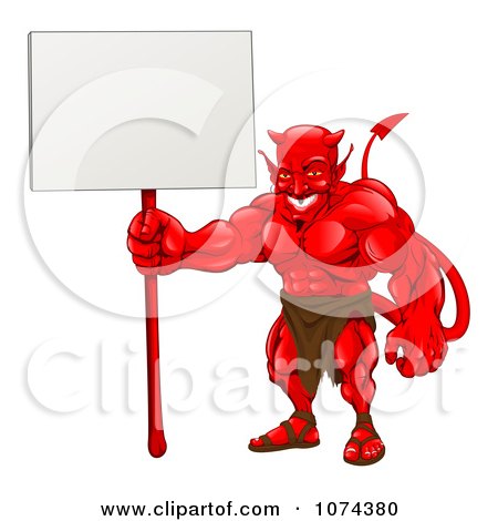 Clipart Muscular Devil Holding A Blank Sign - Royalty Free Vector Illustration by AtStockIllustration