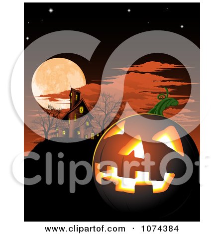 Clipart Illuminated Halloween Jackolantern And Haunted House Under A Full Moon - Royalty Free Vector Illustration by AtStockIllustration