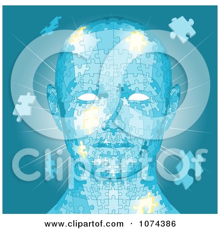 Clipart Blue Human Head With Puzzle Pieces And Light - Royalty Free Vector Illustration by AtStockIllustration