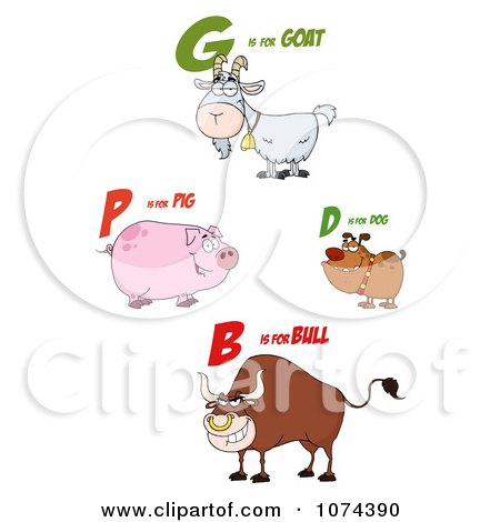 Clipart Goat Pig Dog And Bull With Letters - Royalty Free Vector Illustration by Hit Toon