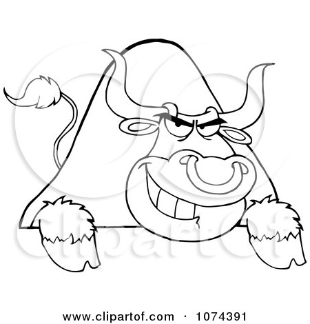Clipart Tough Outlined Bull Grinning Over A Blank Sign 1 - Royalty Free Vector Illustration by Hit Toon