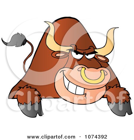 Clipart Tough Brown Bull Grinning Over A Blank Sign 1 - Royalty Free Vector Illustration by Hit Toon