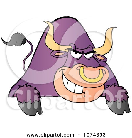 Clipart Tough Purple Bull Grinning Over A Blank Sign 1 - Royalty Free Vector Illustration by Hit Toon