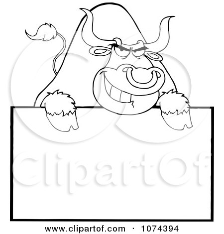 Clipart Tough Outlined Bull Grinning Over A Blank Sign 2 - Royalty Free Vector Illustration by Hit Toon