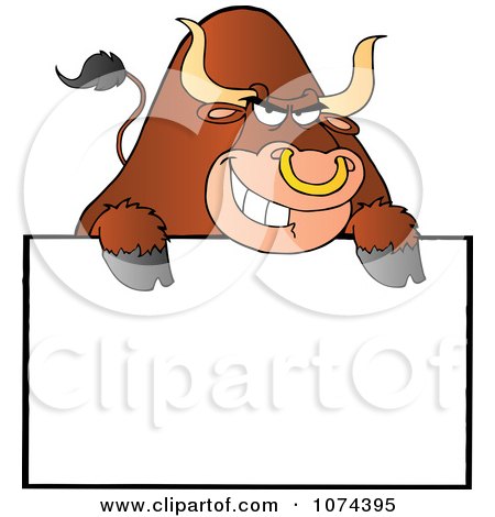 Clipart Tough Brown Bull Grinning Over A Blank Sign 2 - Royalty Free Vector Illustration by Hit Toon