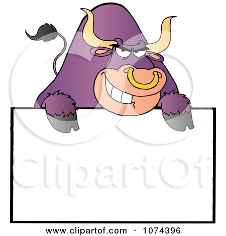 Clipart Tough Purple Bull Grinning Over A Blank Sign 2 - Royalty Free Vector Illustration by Hit Toon