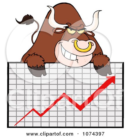 Clipart Grinning Brown Market Bull Over A Financial Chart - Royalty Free Vector Illustration by Hit Toon